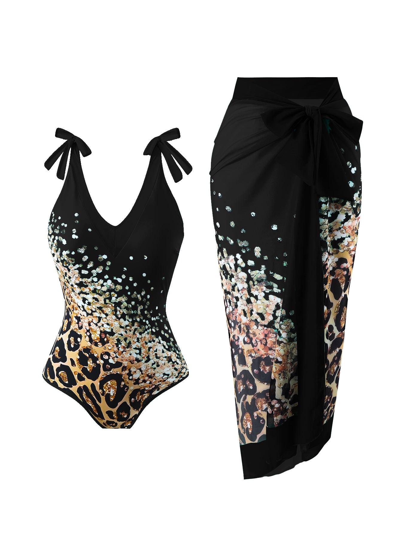 Black Leopard One Piece Swimsuit With Skirt Coverup