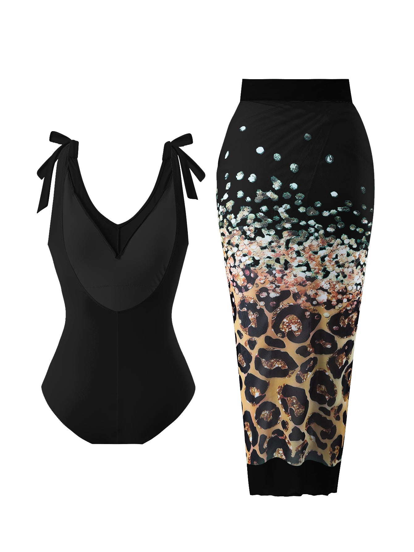Black Leopard One Piece Swimsuit With Skirt Coverup