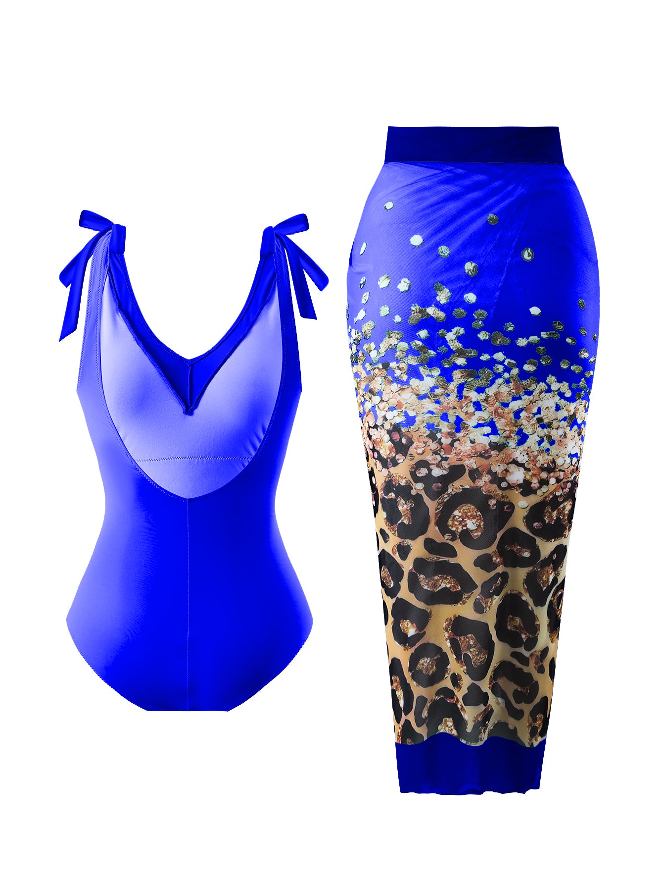 Navy Blue Leopard One Piece Swimsuit With Skirt Coverup
