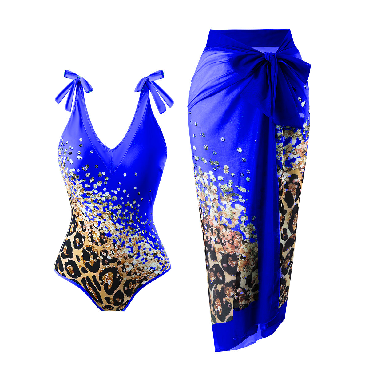 Navy Blue Leopard One Piece Swimsuit With Skirt Coverup