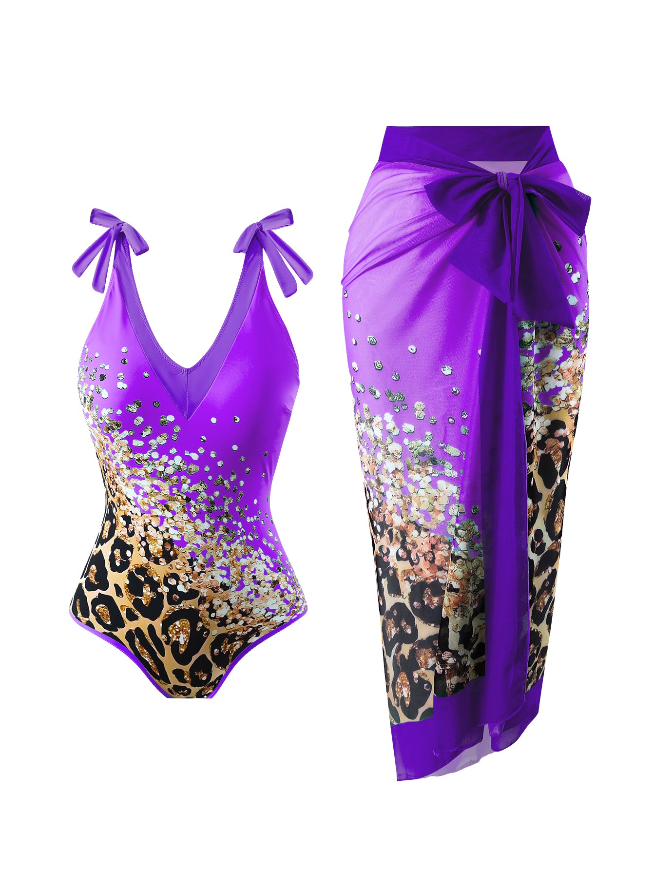 Purple Leopard One Piece Swimsuit With Skirt Coverup