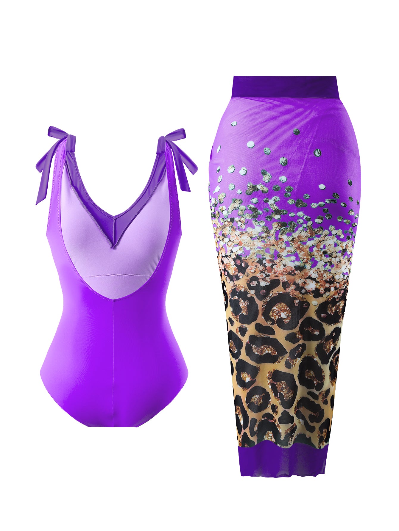 Purple Leopard One Piece Swimsuit With Skirt Coverup