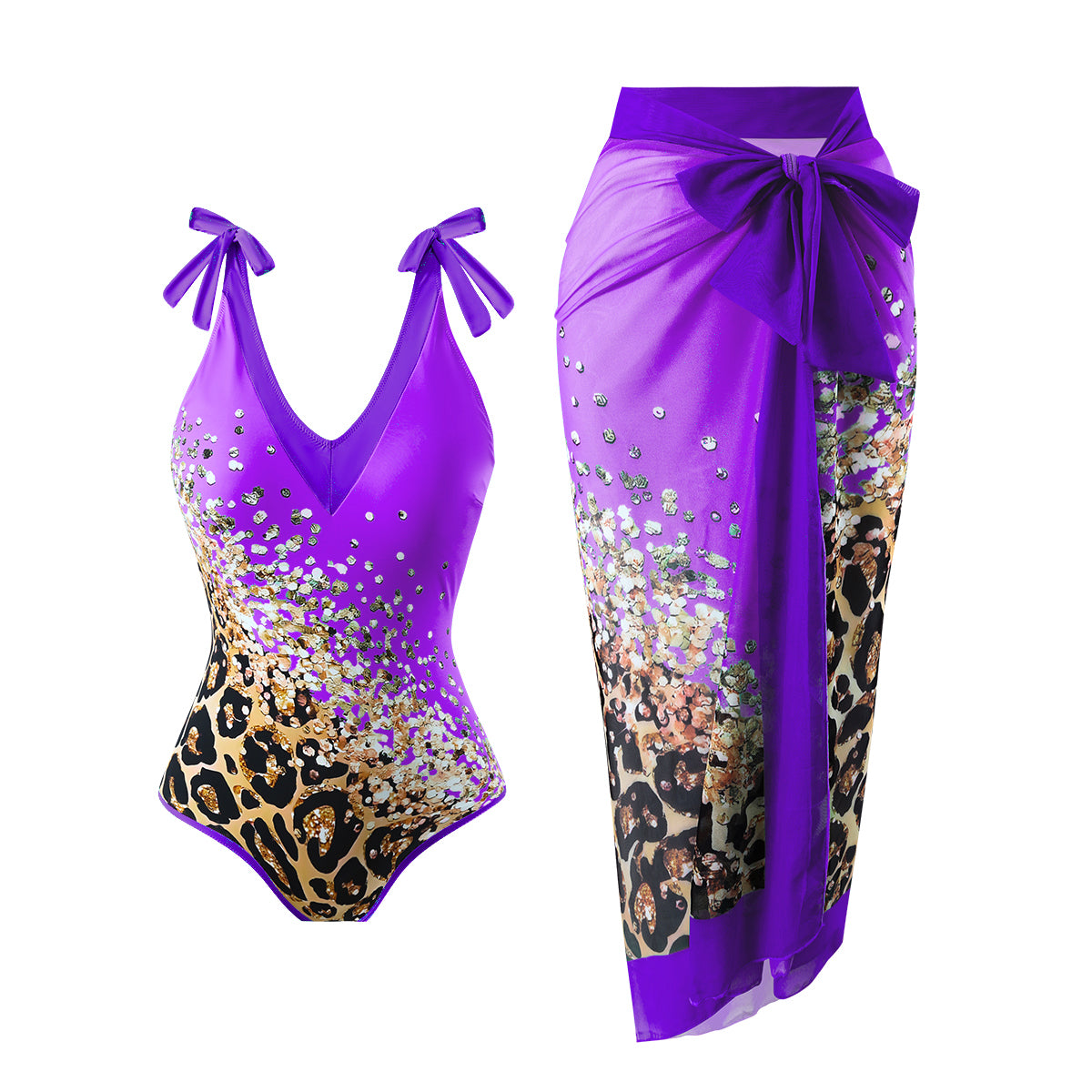 Purple Leopard One Piece Swimsuit With Skirt Coverup
