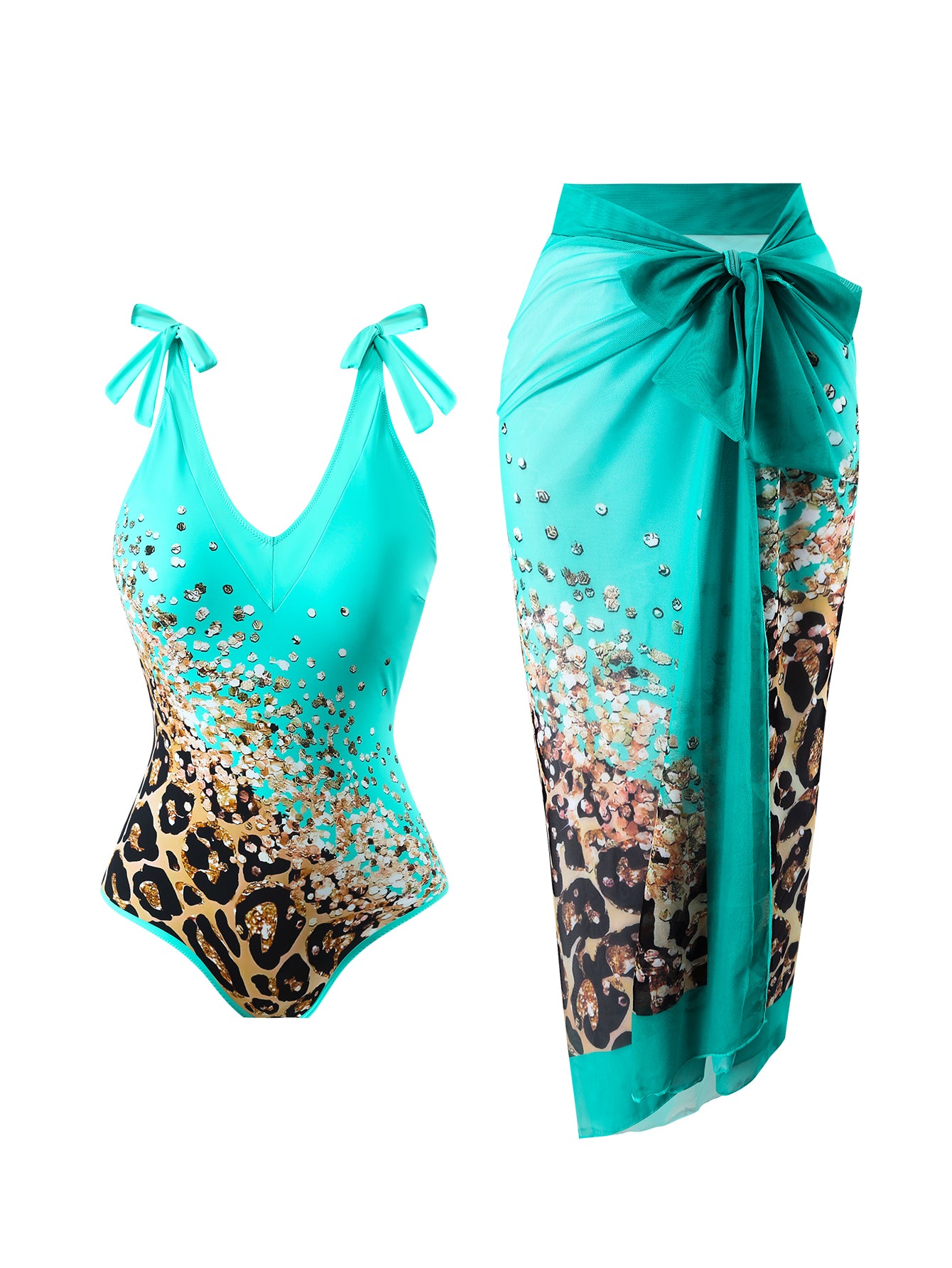 Teal Leopard One Piece Swimsuit With Skirt Coverup