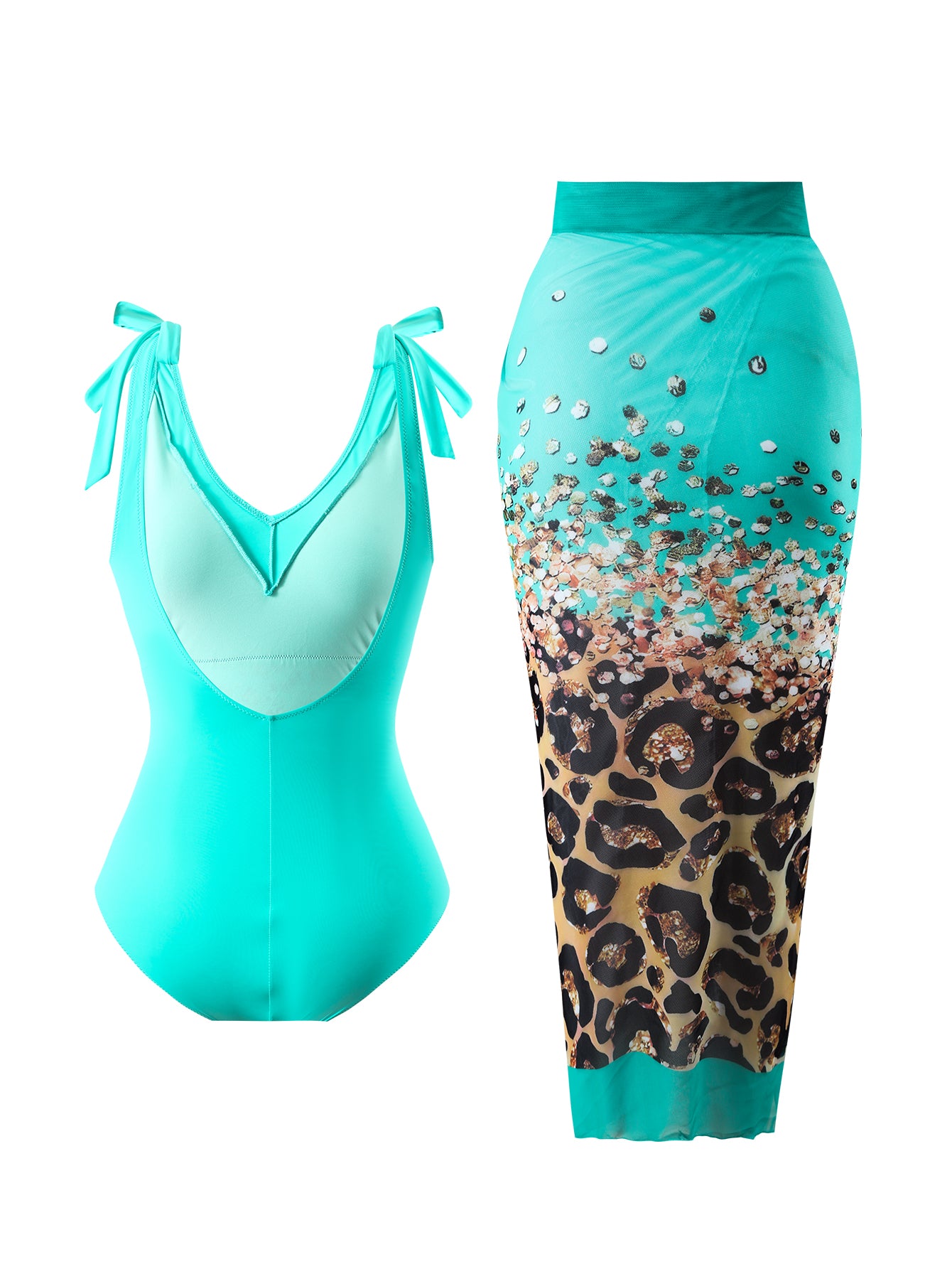 Teal Leopard One Piece Swimsuit With Skirt Coverup