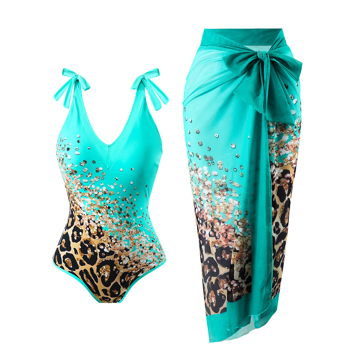Teal Leopard One Piece Swimsuit With Skirt Coverup