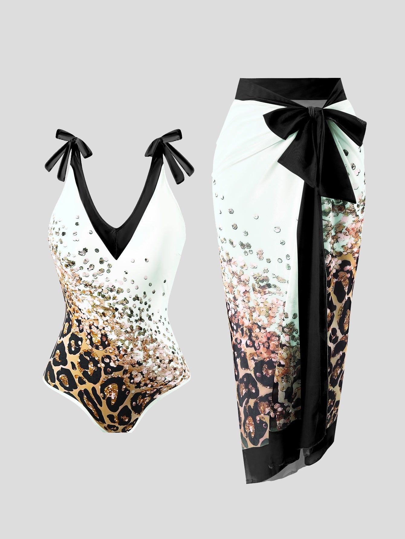 White Leopard One Piece Swimsuit With Skirt Coverup