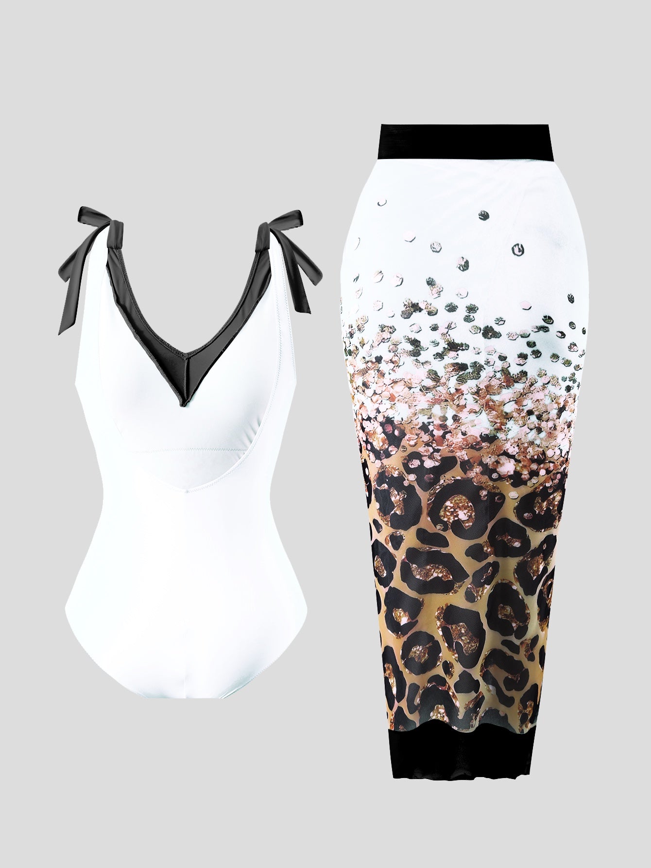 White Leopard One Piece Swimsuit With Skirt Coverup