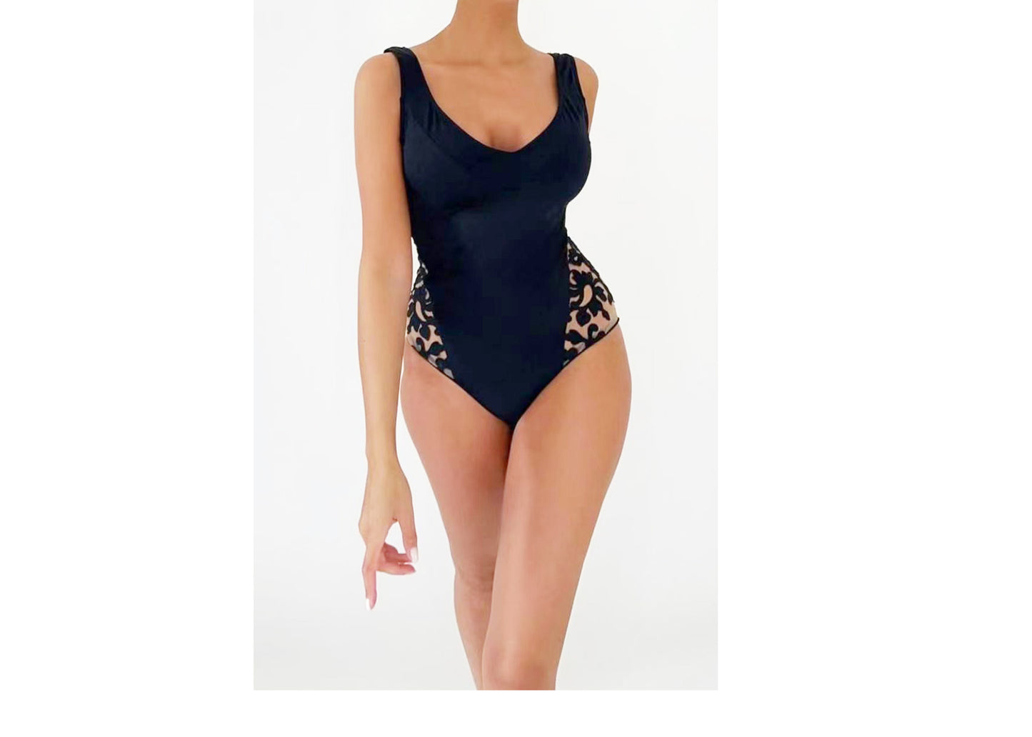 One Piece Black Tan Floral Mesh Swimsuit