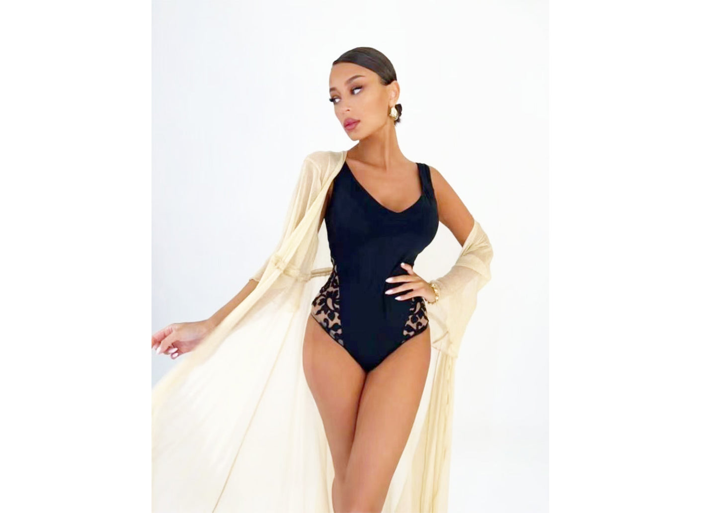 One Piece Black Tan Floral Mesh Swimsuit