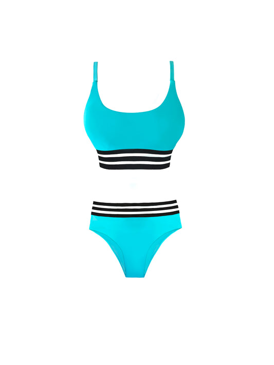 Teal Striped Mesh Two Piece Swimsuit