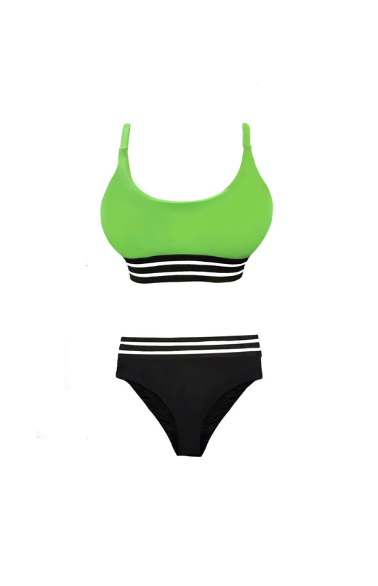 Green Black Striped Mesh Two Piece Swimsuit