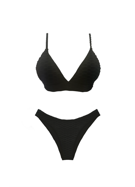 Black Textured Two Piece Swimsuit