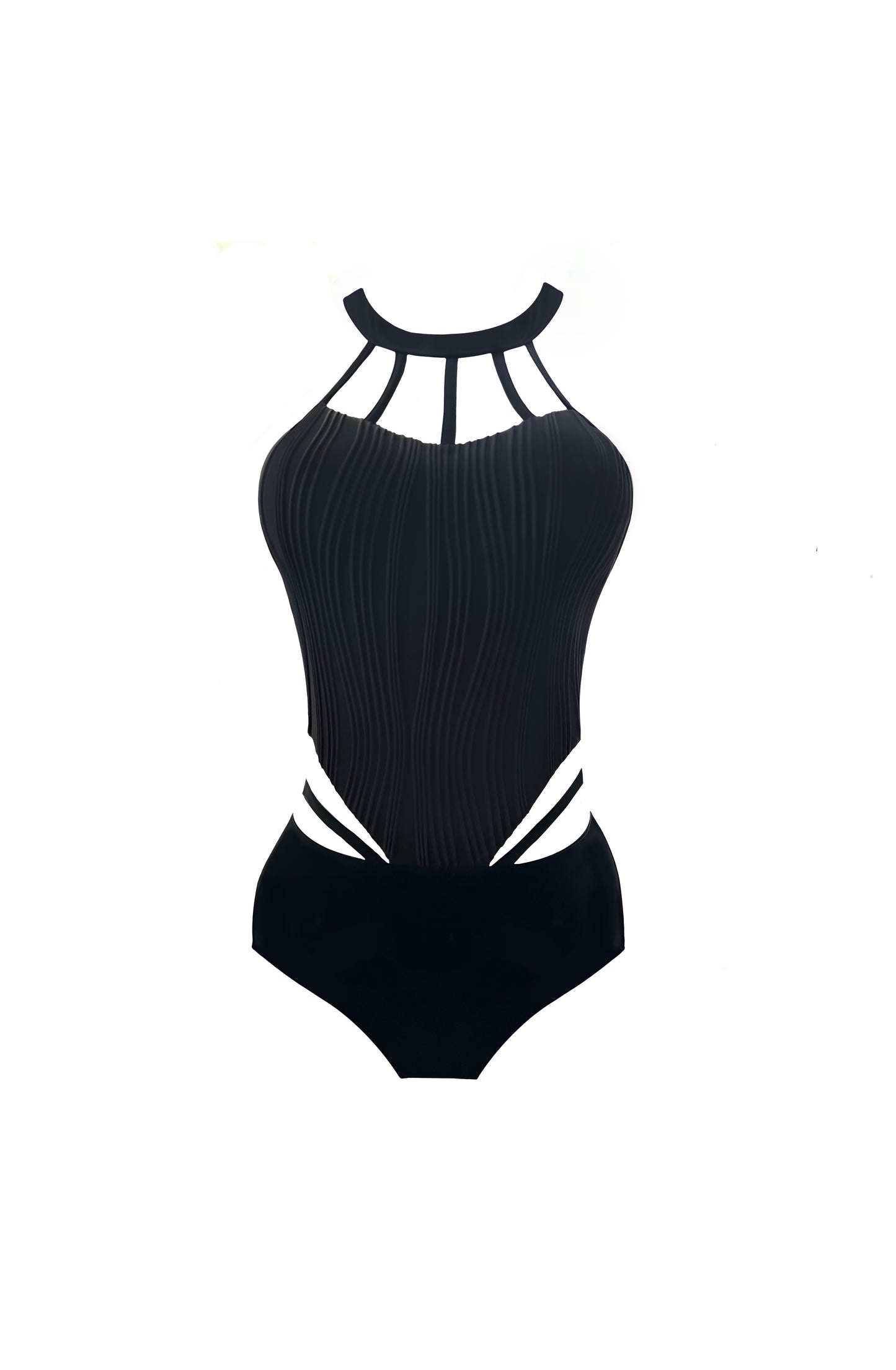 Black One Piece Mesh Halter Top Swimsuit