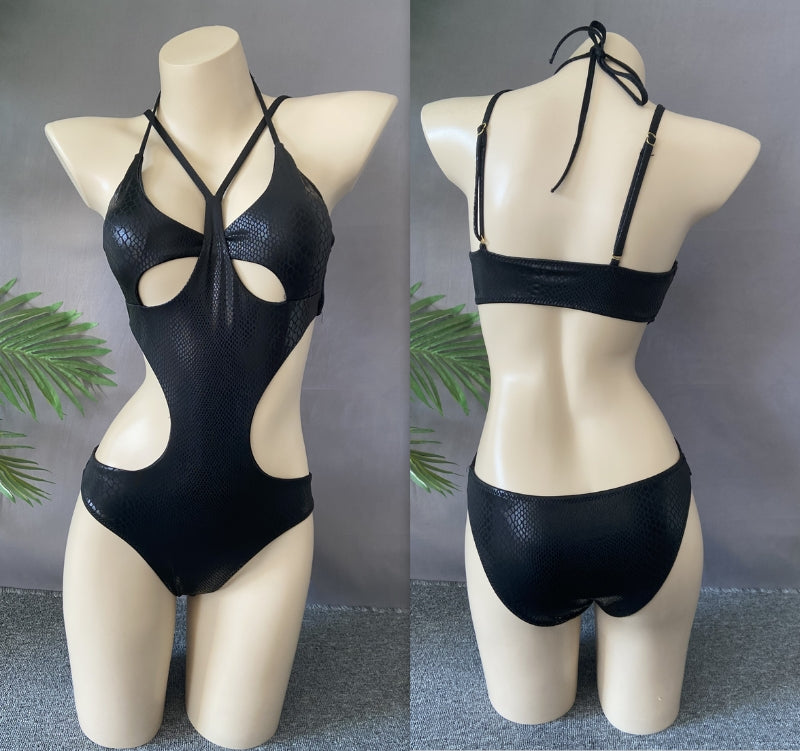 Black Faux Leather Cutout One Piece Swimsuit